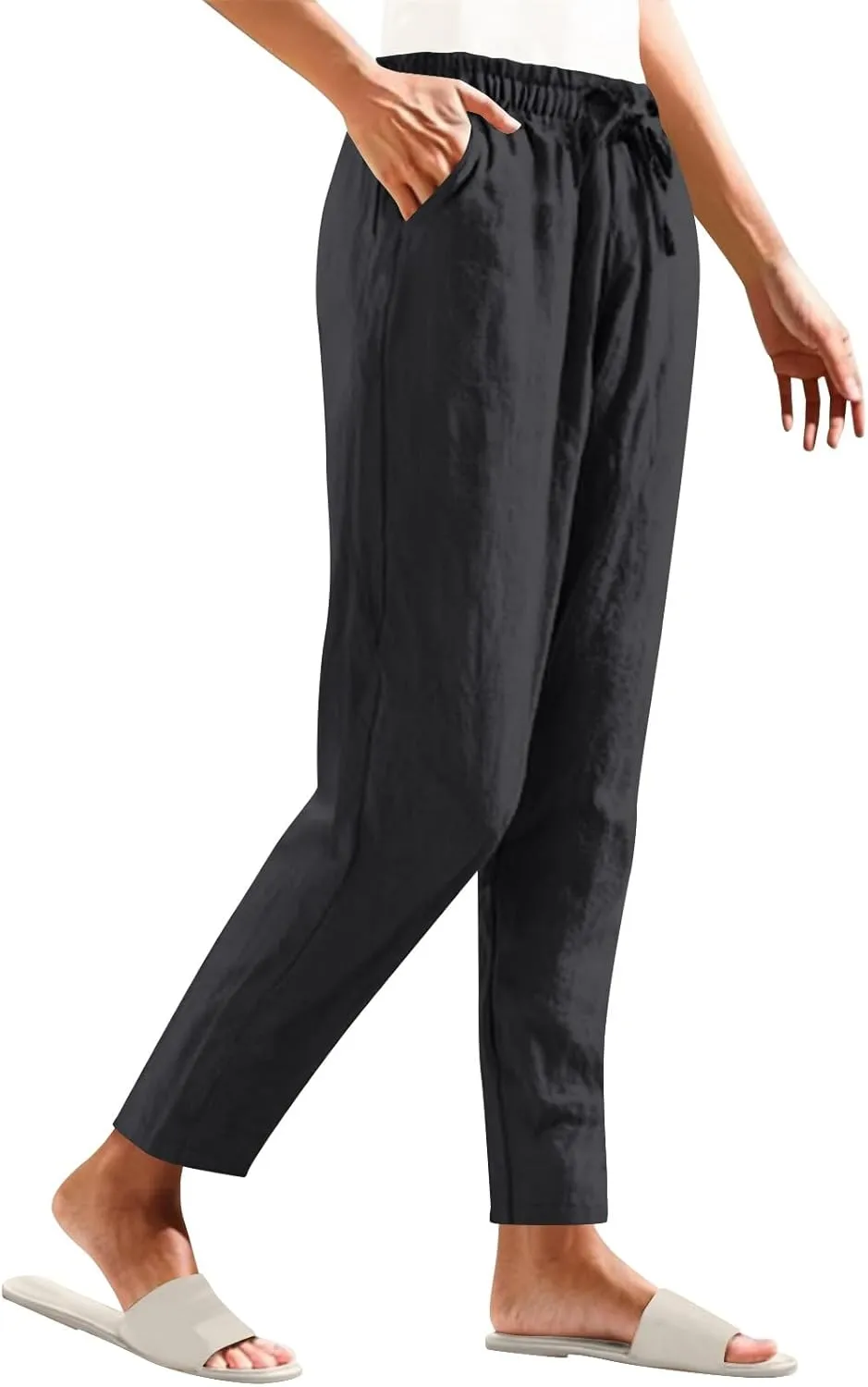 Borniu Women's Tapered Pants Cotton Linen Drawstring Back Elastic Waist Ankle Length Pant Loose Casual Straight Trousers