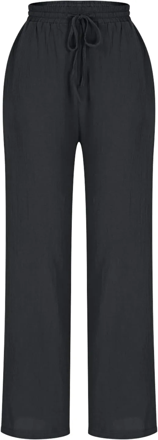 Borniu Women's Tapered Pants Cotton Linen Drawstring Back Elastic Waist Ankle Length Pant Loose Casual Straight Trousers