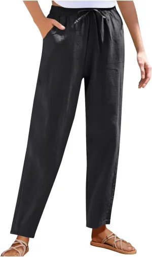 Borniu Women's Tapered Pants Cotton Linen Drawstring Back Elastic Waist Ankle Length Pant Loose Casual Straight Trousers