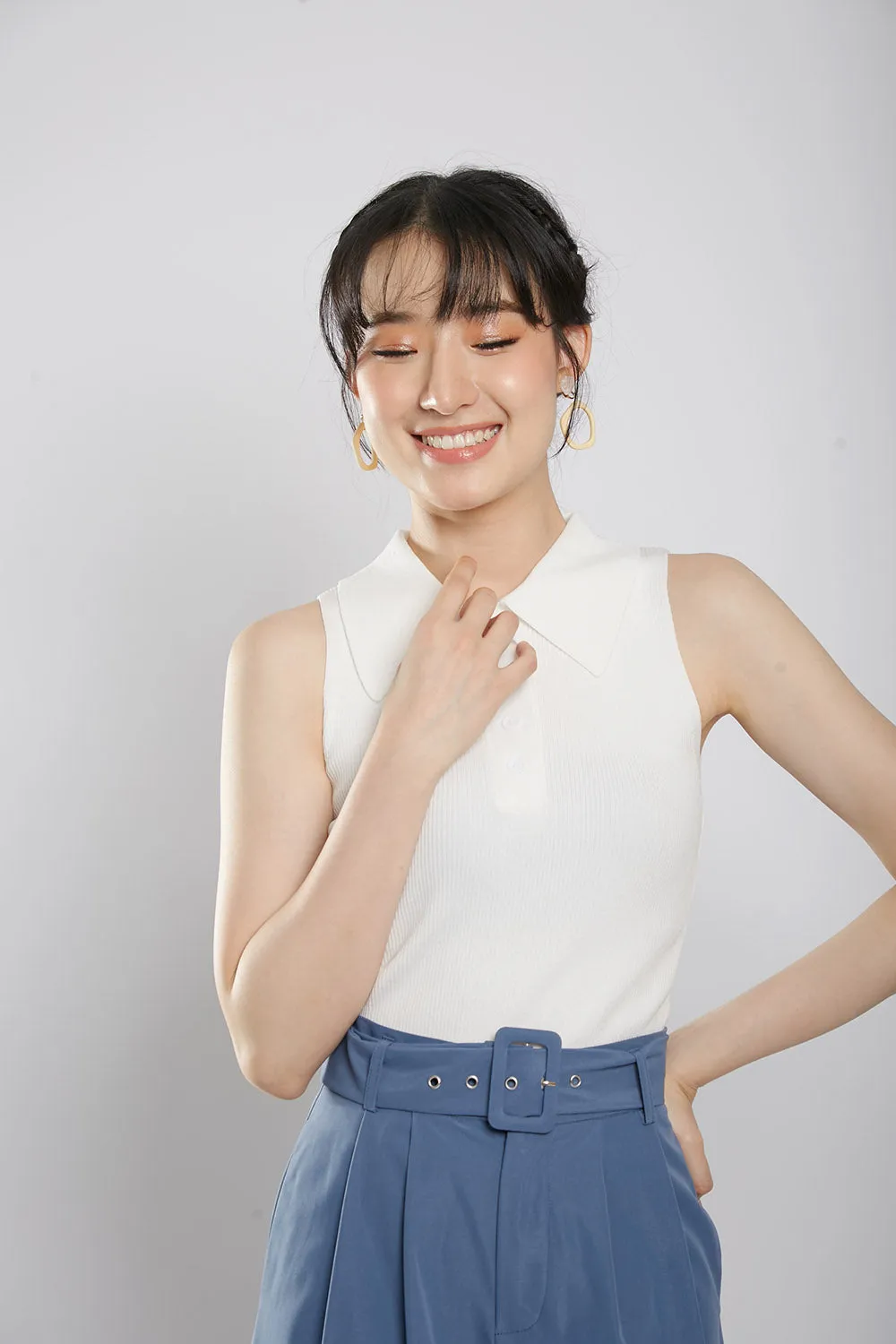 Channa Polo Collar Knit Top in White