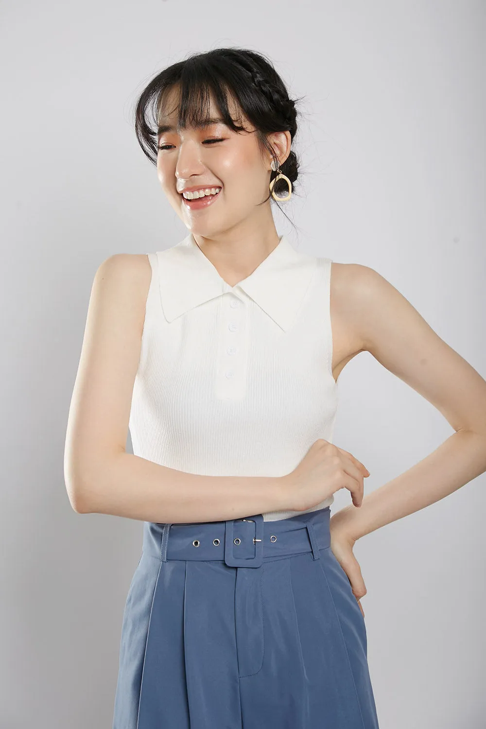 Channa Polo Collar Knit Top in White