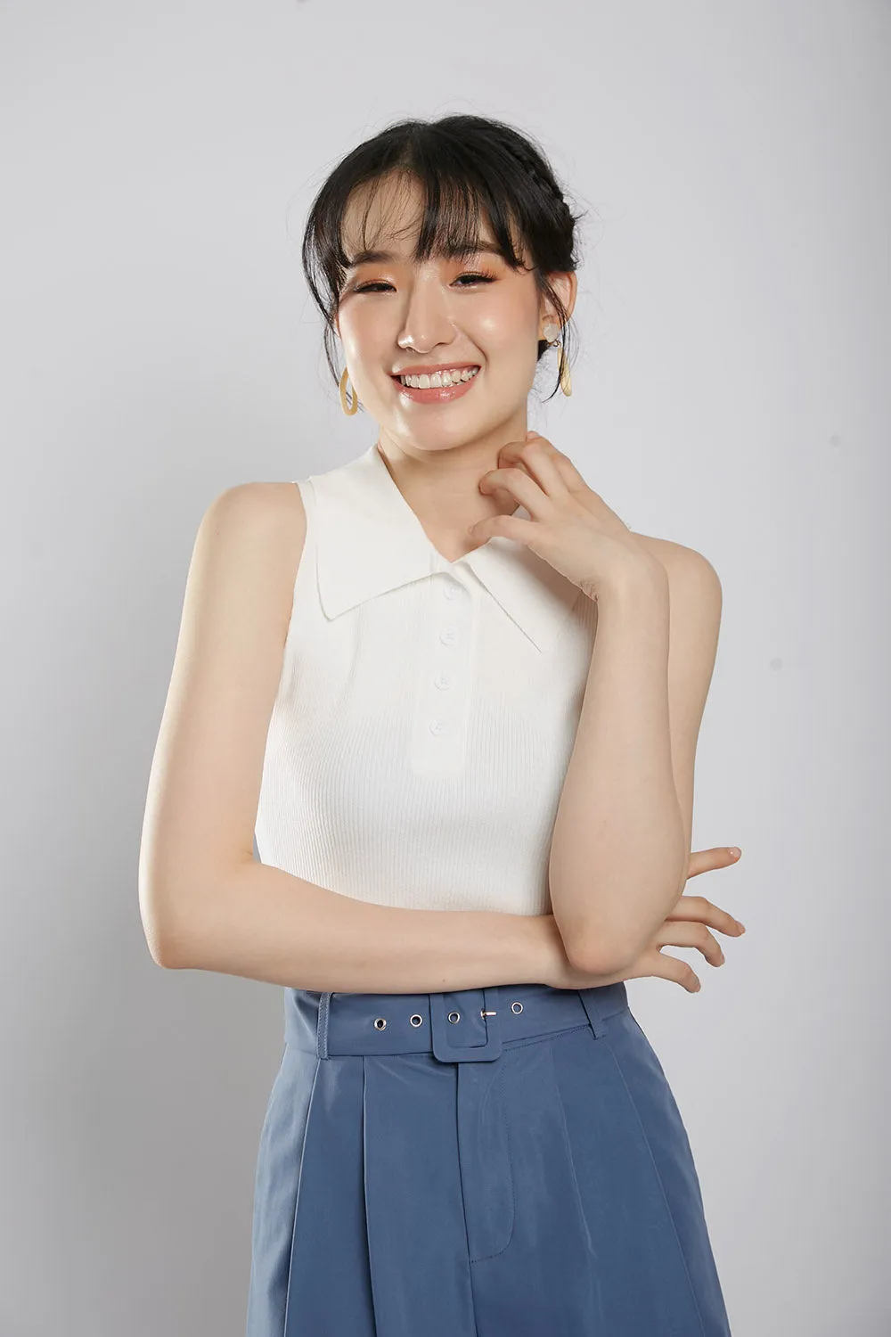 Channa Polo Collar Knit Top in White