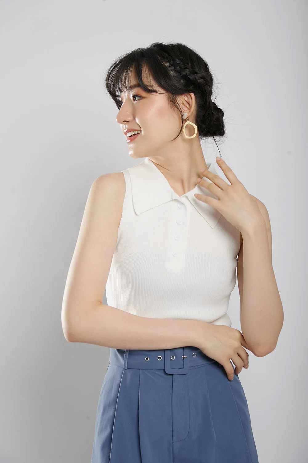Channa Polo Collar Knit Top in White
