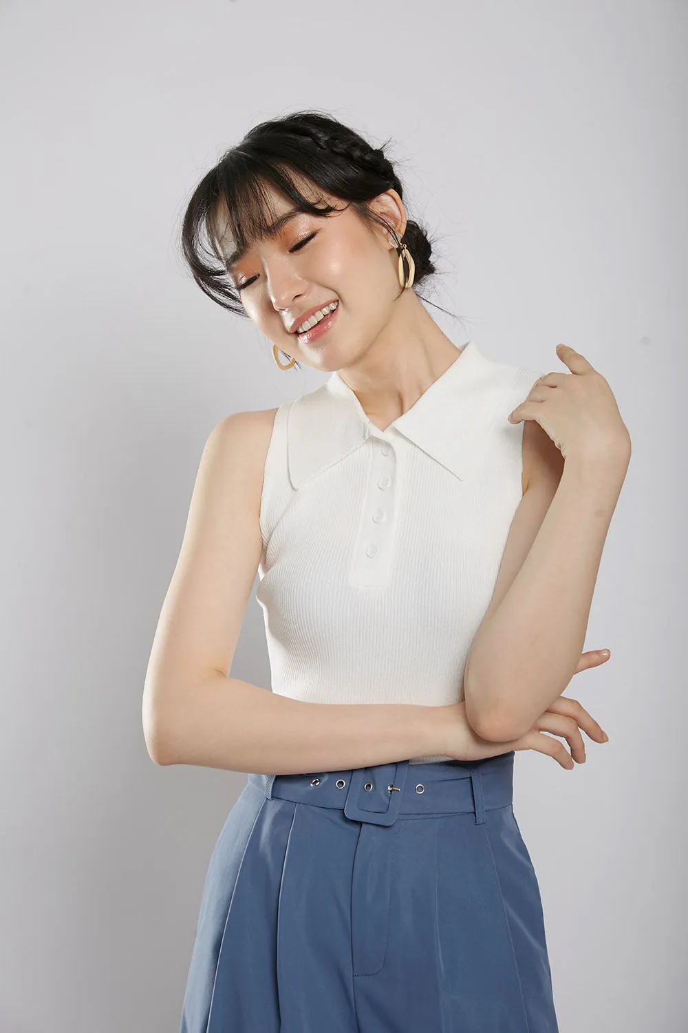 Channa Polo Collar Knit Top in White