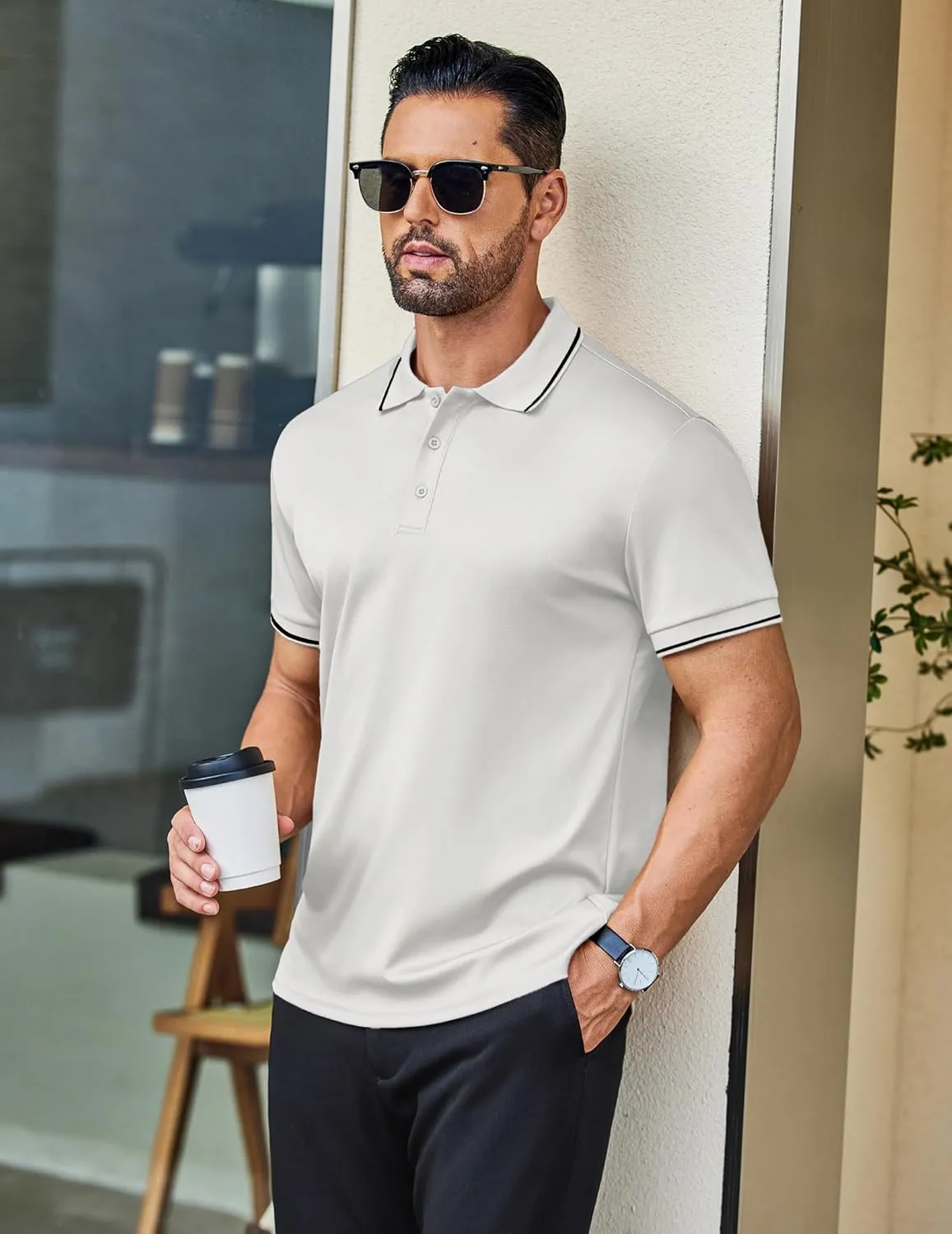 COOFANDY Mens Polo Shirts Short Sleeve Golf Polo Button Pullover Casual Contrast Color Basic T Shirt Ribbed Collar