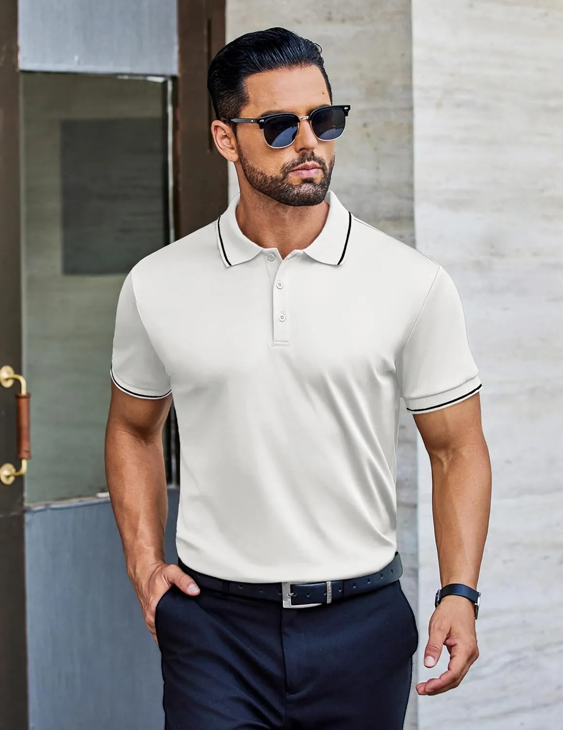COOFANDY Mens Polo Shirts Short Sleeve Golf Polo Button Pullover Casual Contrast Color Basic T Shirt Ribbed Collar