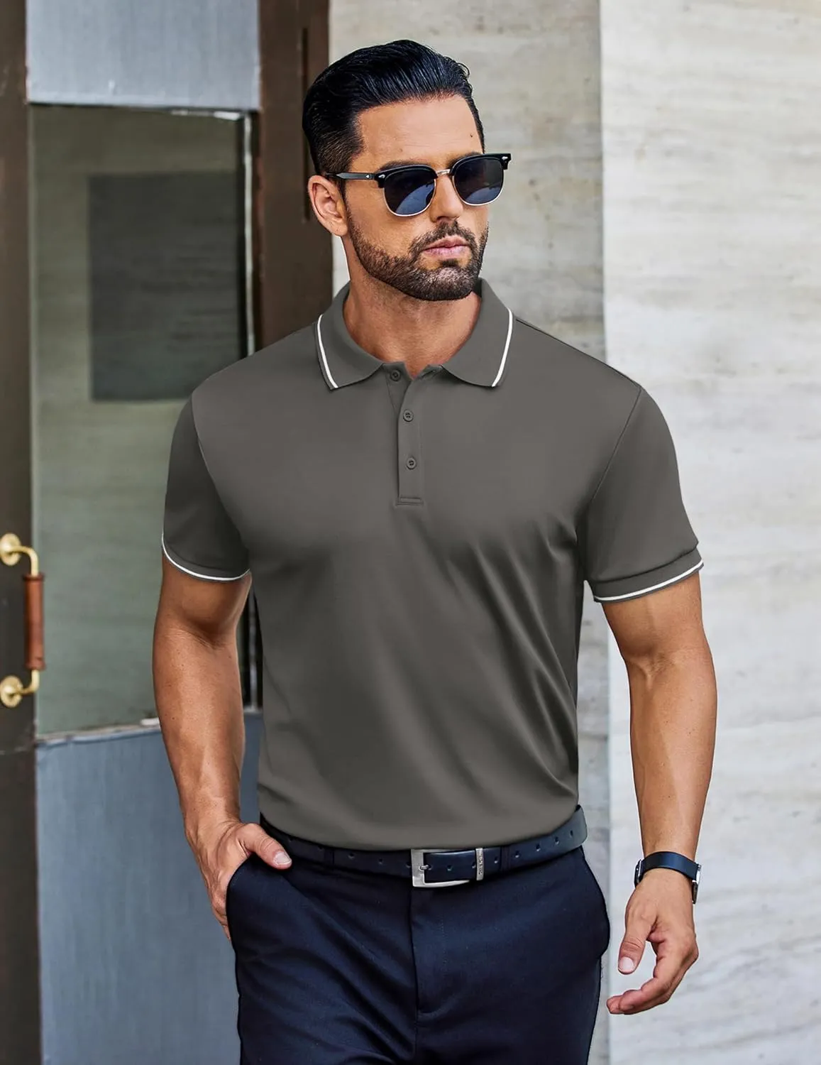 COOFANDY Mens Polo Shirts Short Sleeve Golf Polo Button Pullover Casual Contrast Color Basic T Shirt Ribbed Collar