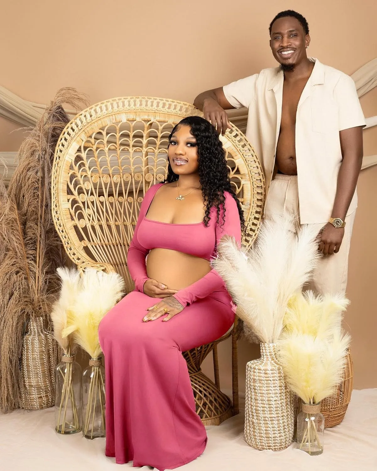 Dedysler Cut Out Maternity Dress for Photos Open Belly Long Sleeve Photography Gown Square Neck Maternity Outfit Dresses