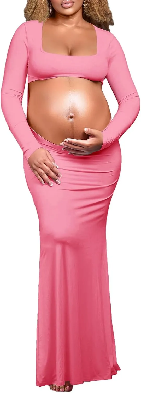 Dedysler Cut Out Maternity Dress for Photos Open Belly Long Sleeve Photography Gown Square Neck Maternity Outfit Dresses