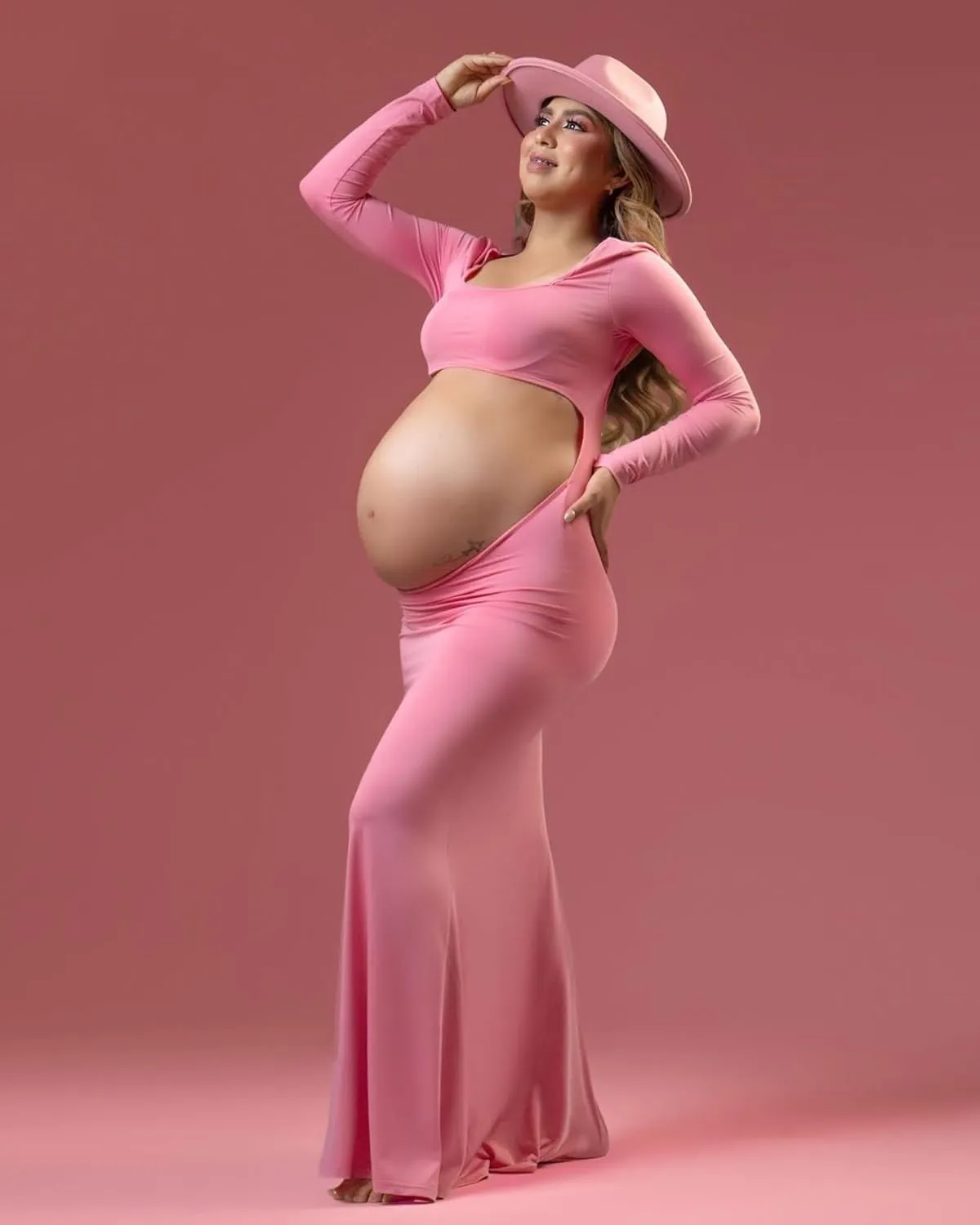 Dedysler Cut Out Maternity Dress for Photos Open Belly Long Sleeve Photography Gown Square Neck Maternity Outfit Dresses