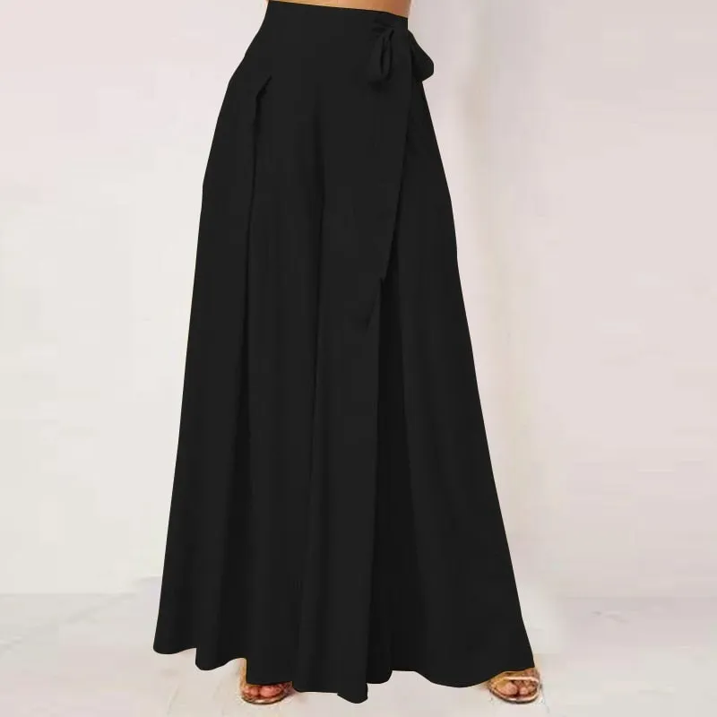 Elegant Solid High Waist Pleated Flare Wide Leg Trousers
