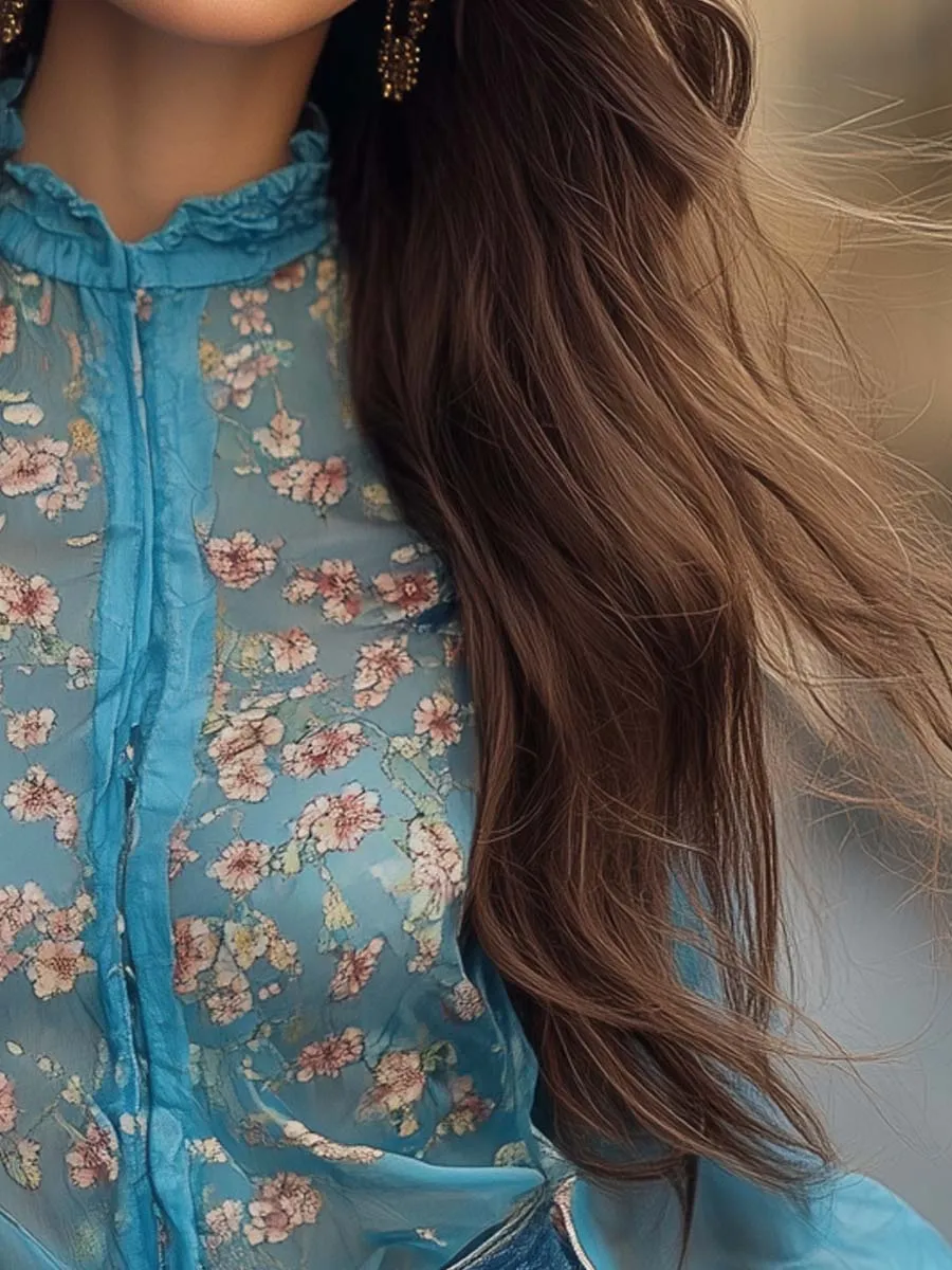 Floral Printed Blue Chiffon Shirt