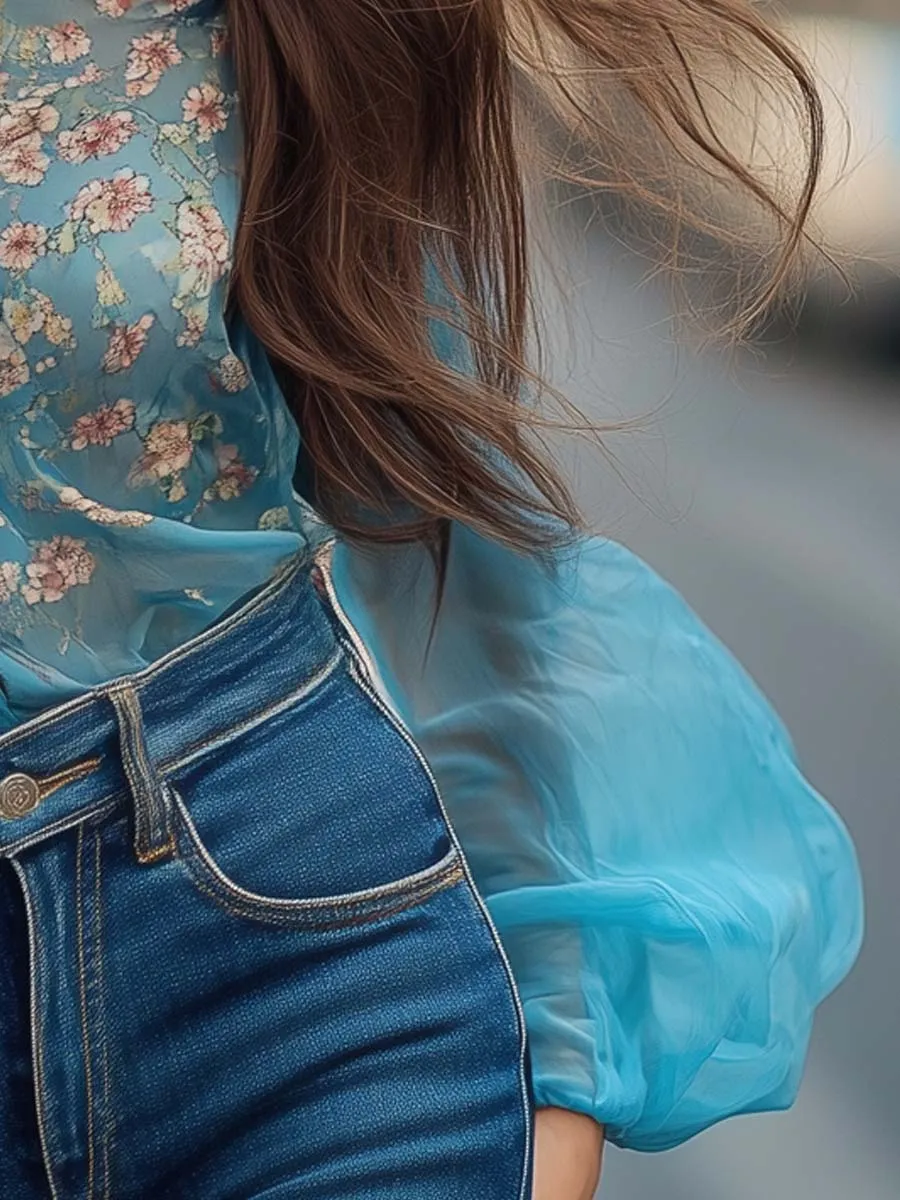 Floral Printed Blue Chiffon Shirt