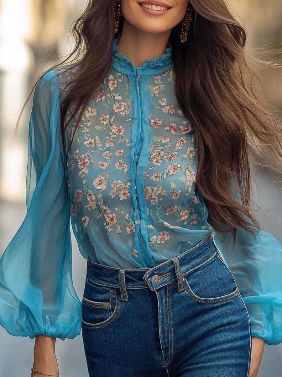 Floral Printed Blue Chiffon Shirt
