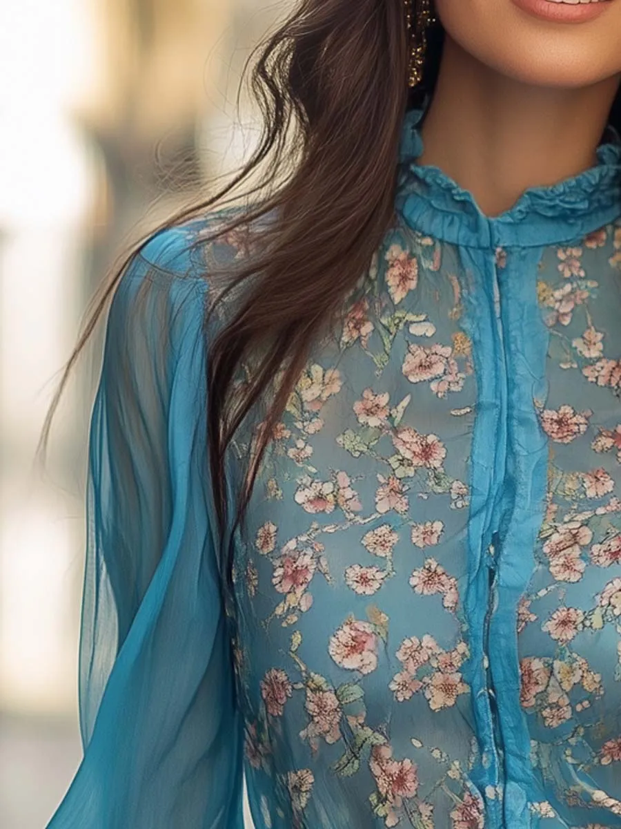 Floral Printed Blue Chiffon Shirt