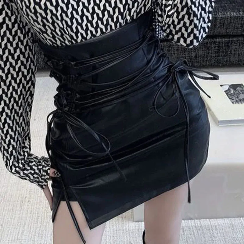 Gothic-Inspired Black Leather Mini Skirt High-Waisted, Slim Fit, Lace-Up Pencil Style with Sexy Club Appeal, Back Zipper, and Split Bag Hip Detail for Women