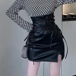 Gothic-Inspired Black Leather Mini Skirt High-Waisted, Slim Fit, Lace-Up Pencil Style with Sexy Club Appeal, Back Zipper, and Split Bag Hip Detail for Women