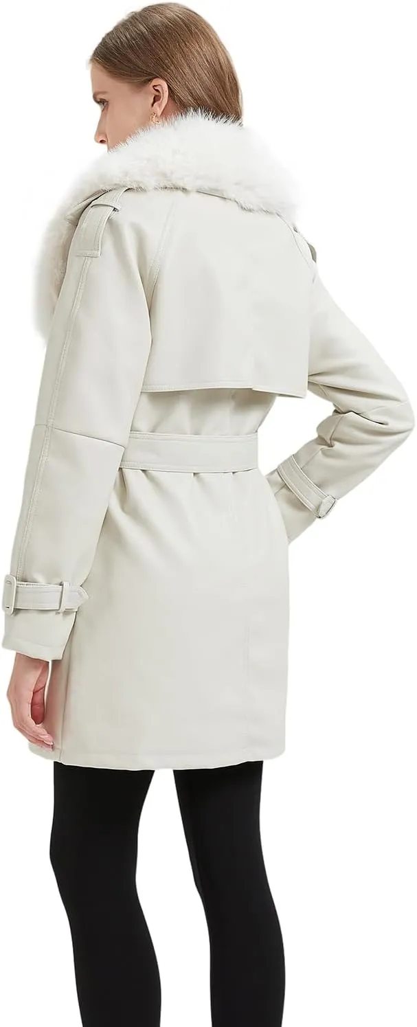 GRAN ORIENTE Women's Faux Leather Trench Coat Overcoat with Detachable Fur Collar,Winter Mid Length Pea Coat Belted Jacket
