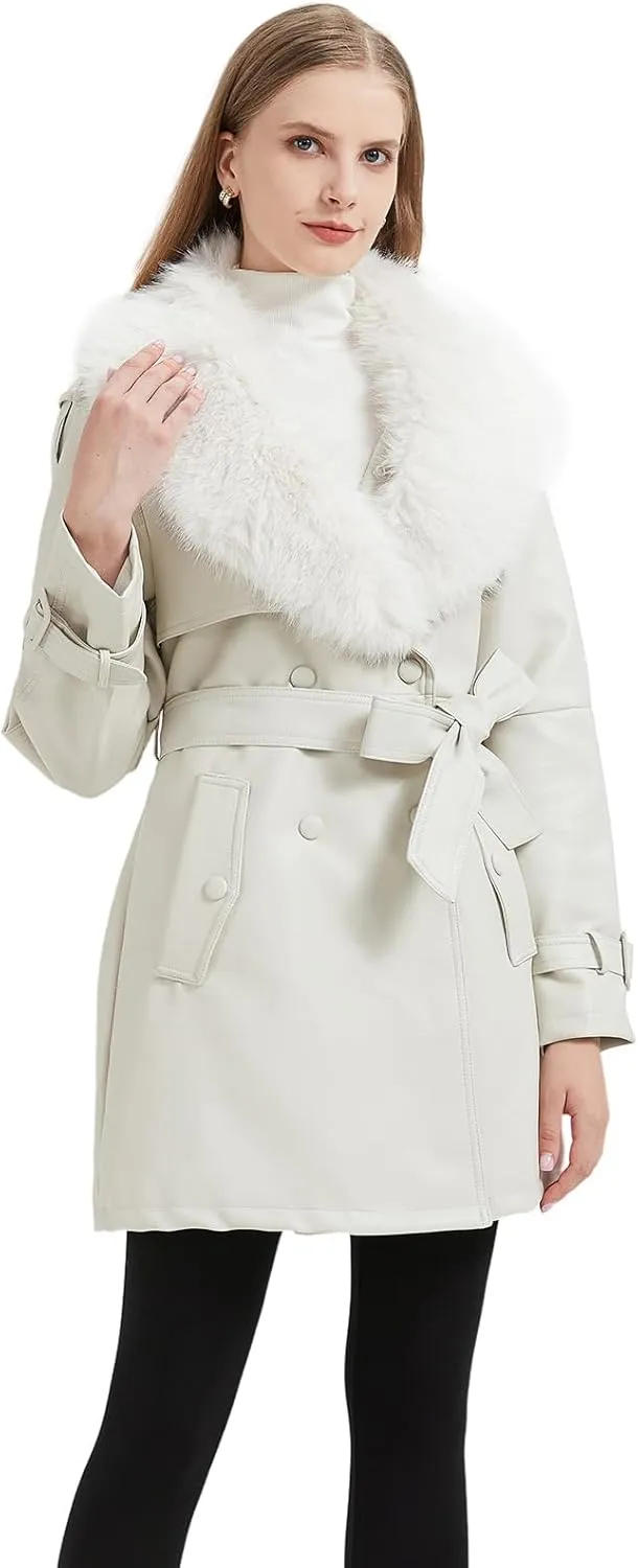 GRAN ORIENTE Women's Faux Leather Trench Coat Overcoat with Detachable Fur Collar,Winter Mid Length Pea Coat Belted Jacket