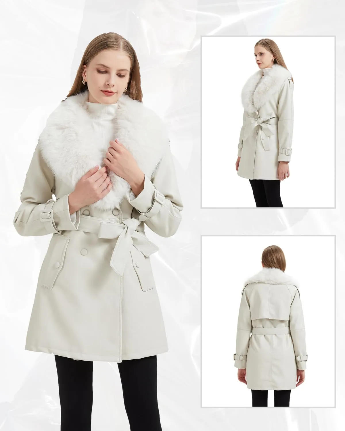 GRAN ORIENTE Women's Faux Leather Trench Coat Overcoat with Detachable Fur Collar,Winter Mid Length Pea Coat Belted Jacket