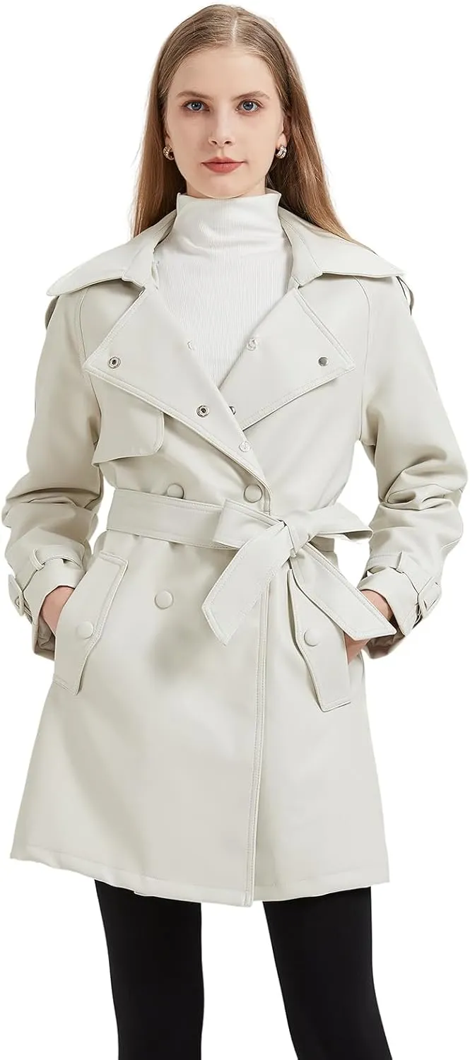 GRAN ORIENTE Women's Faux Leather Trench Coat Overcoat with Detachable Fur Collar,Winter Mid Length Pea Coat Belted Jacket
