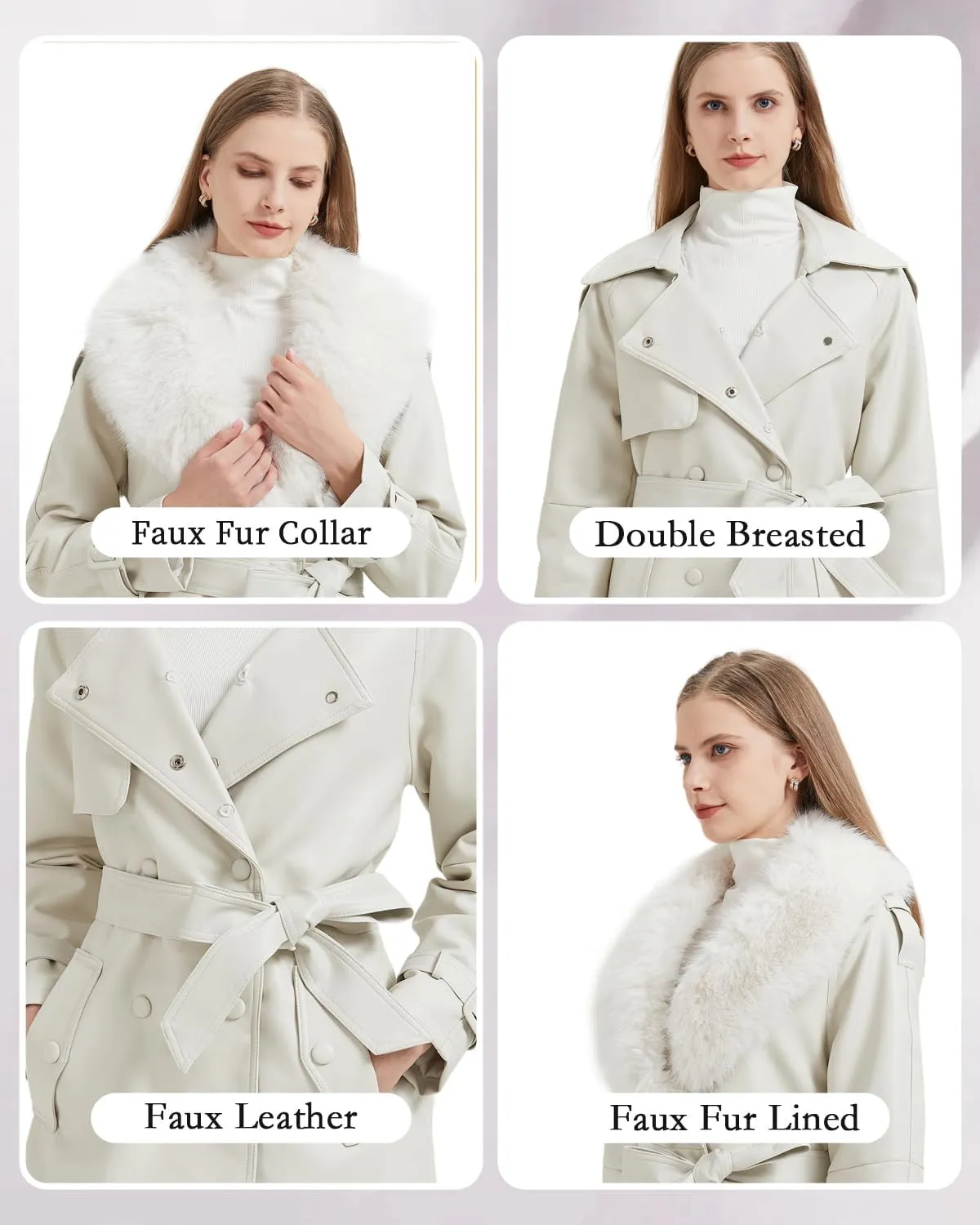 GRAN ORIENTE Women's Faux Leather Trench Coat Overcoat with Detachable Fur Collar,Winter Mid Length Pea Coat Belted Jacket