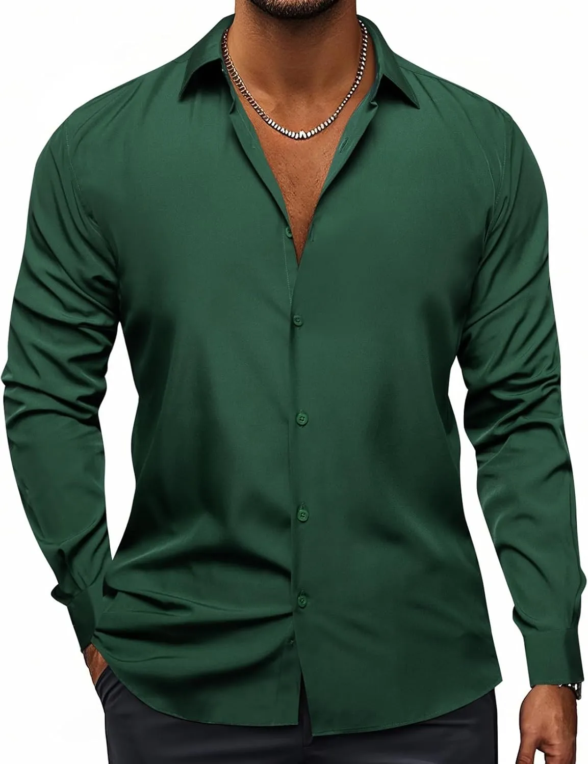 Hi-Tie Men's 4 Way Stretch Dress Shirts Long Sleeve Button Down Wrinkle Free Casual Formal Dress Shirt for Men