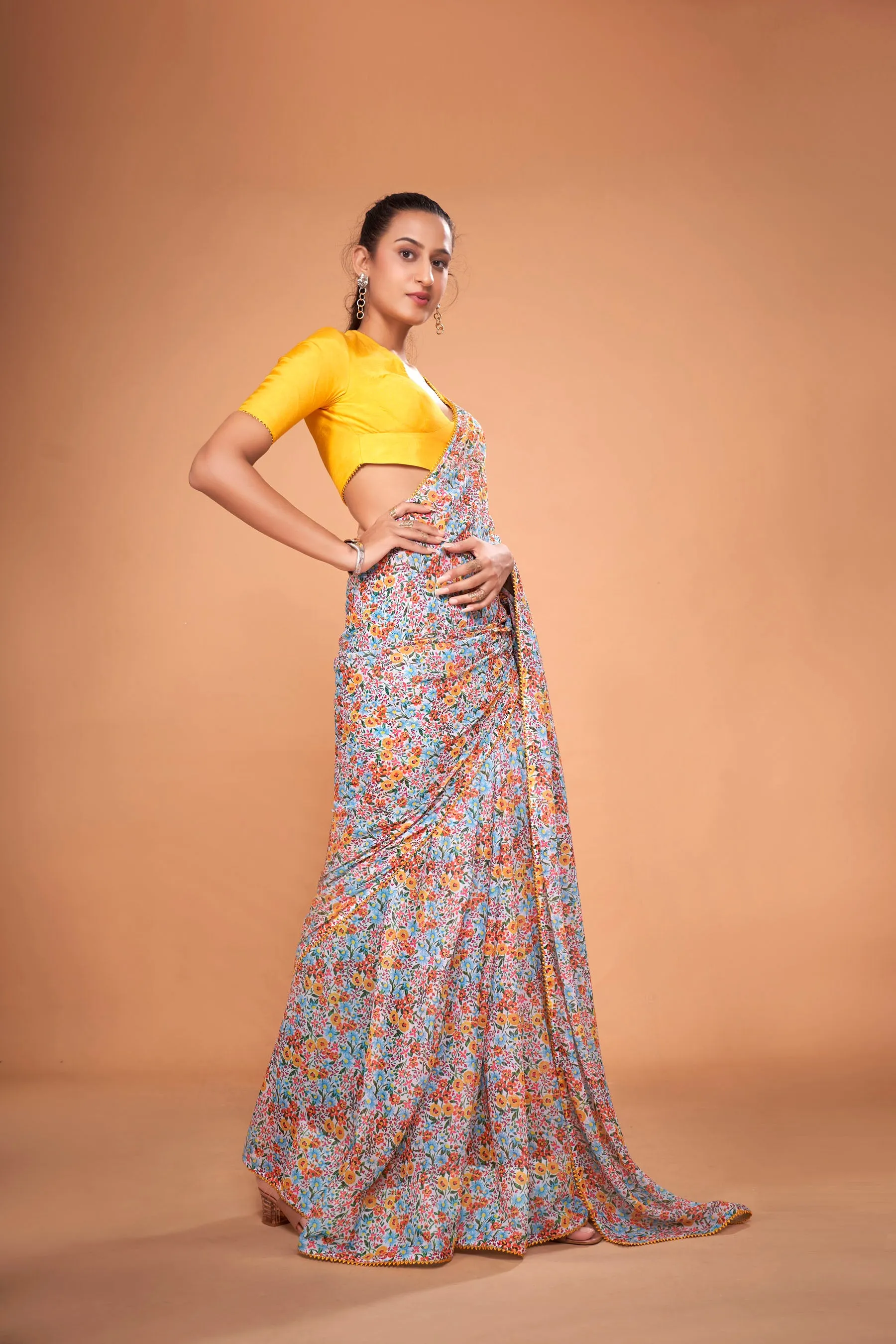 Ivory Floral Printed Chiffon Saree With Yellow Samosa Lace