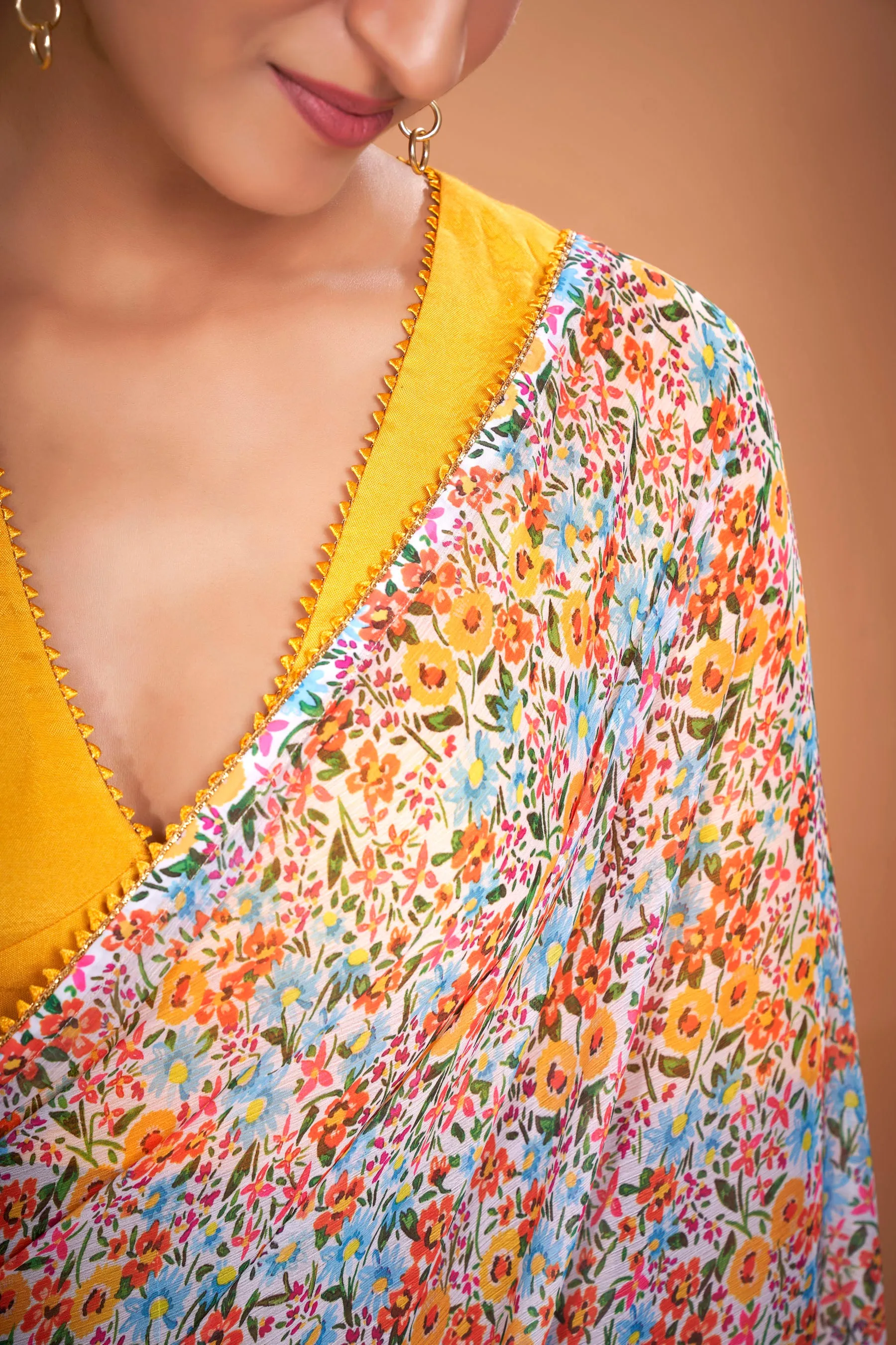 Ivory Floral Printed Chiffon Saree With Yellow Samosa Lace