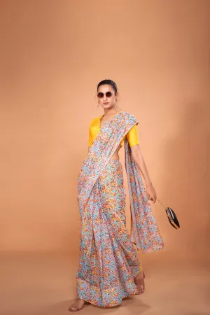 Ivory Floral Printed Chiffon Saree With Yellow Samosa Lace