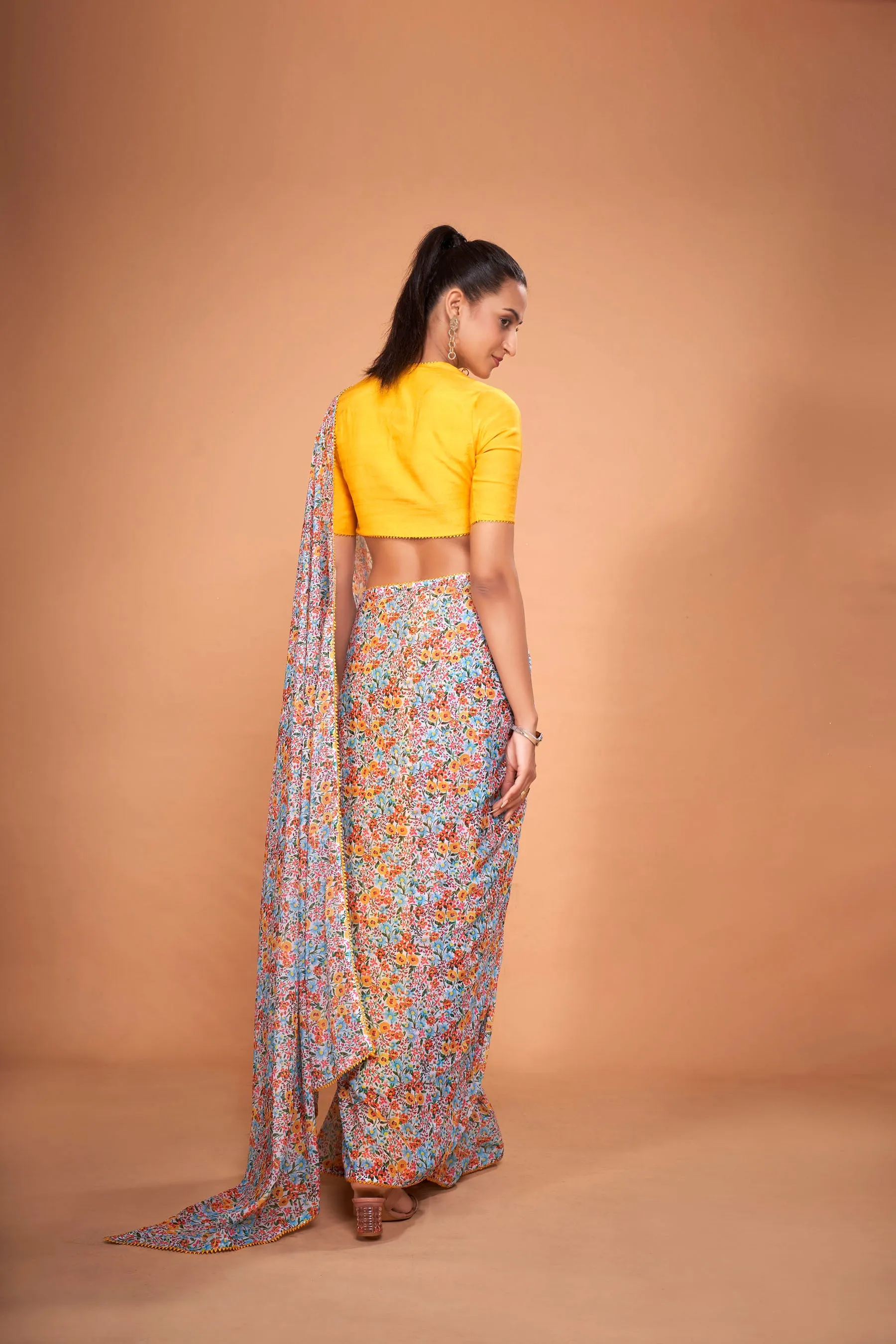 Ivory Floral Printed Chiffon Saree With Yellow Samosa Lace