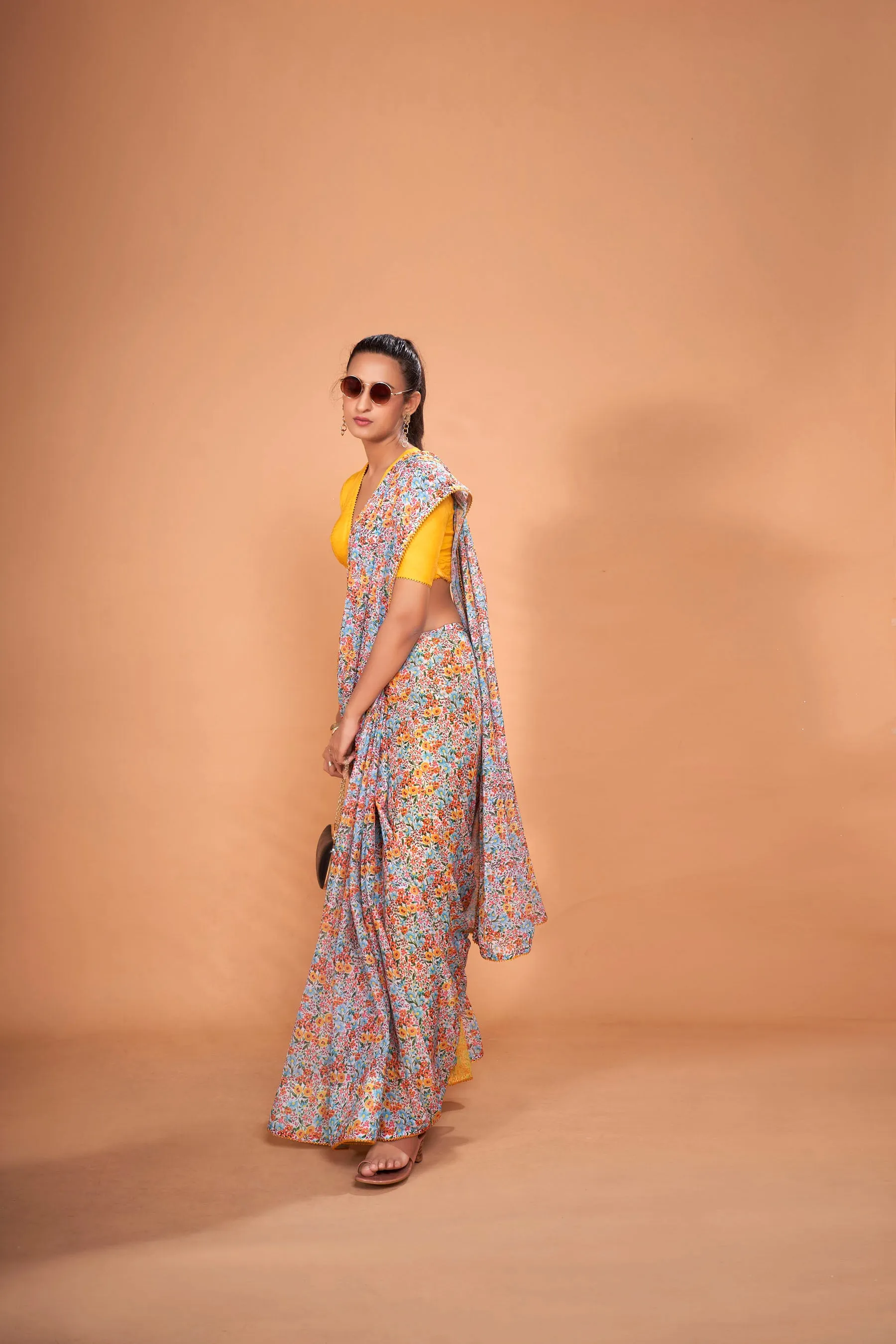 Ivory Floral Printed Chiffon Saree With Yellow Samosa Lace