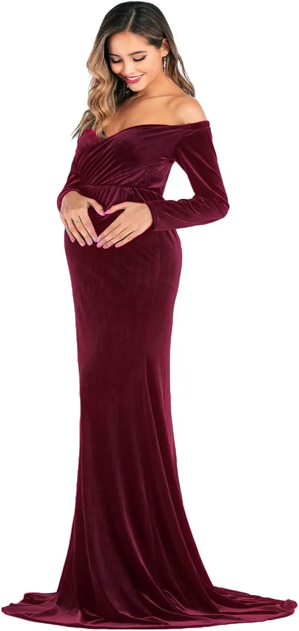 JustVH Velvet Maternity Off Shoulder Half Circle Fitted Gown Maxi Photography Dress for Baby Shower Photo Props Dress