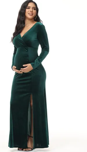 JustVH Velvet Maternity Off Shoulder Half Circle Fitted Gown Maxi Photography Dress for Baby Shower Photo Props Dress
