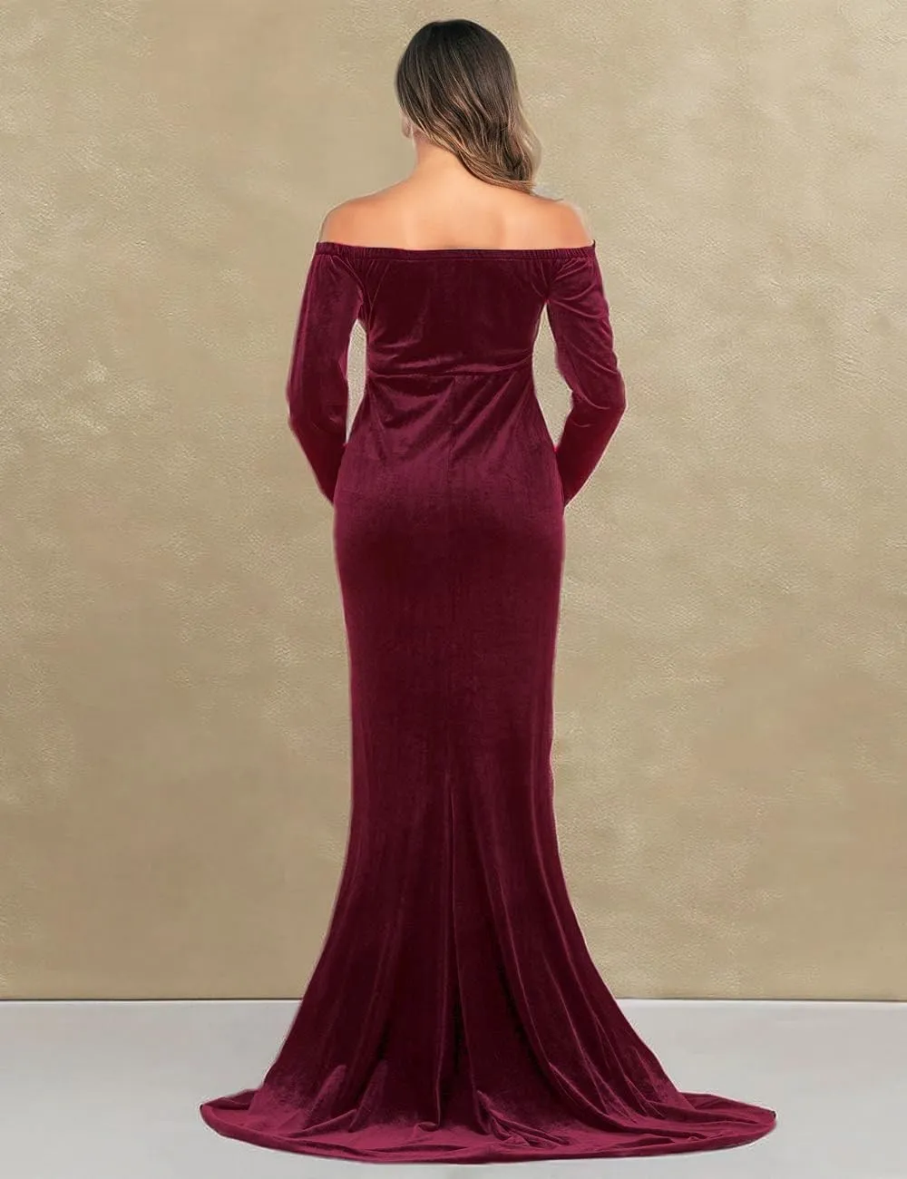 JustVH Velvet Maternity Off Shoulder Half Circle Fitted Gown Maxi Photography Dress for Baby Shower Photo Props Dress