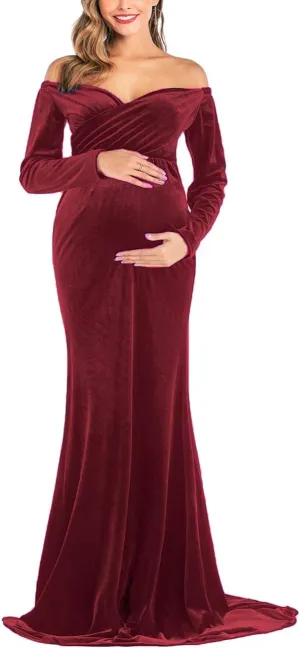 JustVH Velvet Maternity Off Shoulder Half Circle Fitted Gown Maxi Photography Dress for Baby Shower Photo Props Dress