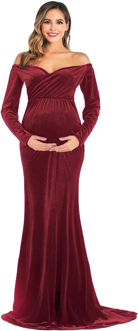 JustVH Velvet Maternity Off Shoulder Half Circle Fitted Gown Maxi Photography Dress for Baby Shower Photo Props Dress