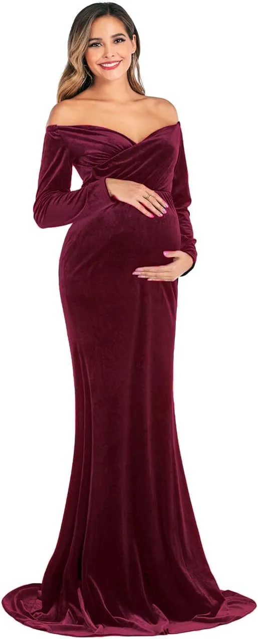 JustVH Velvet Maternity Off Shoulder Half Circle Fitted Gown Maxi Photography Dress for Baby Shower Photo Props Dress