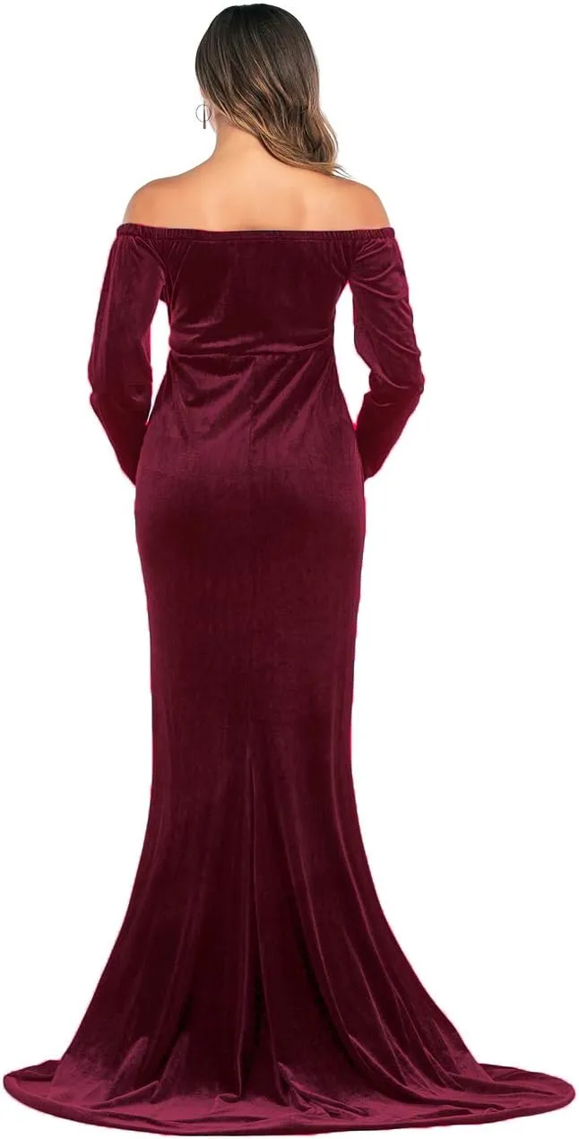 JustVH Velvet Maternity Off Shoulder Half Circle Fitted Gown Maxi Photography Dress for Baby Shower Photo Props Dress