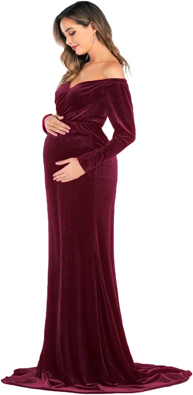 JustVH Velvet Maternity Off Shoulder Half Circle Fitted Gown Maxi Photography Dress for Baby Shower Photo Props Dress