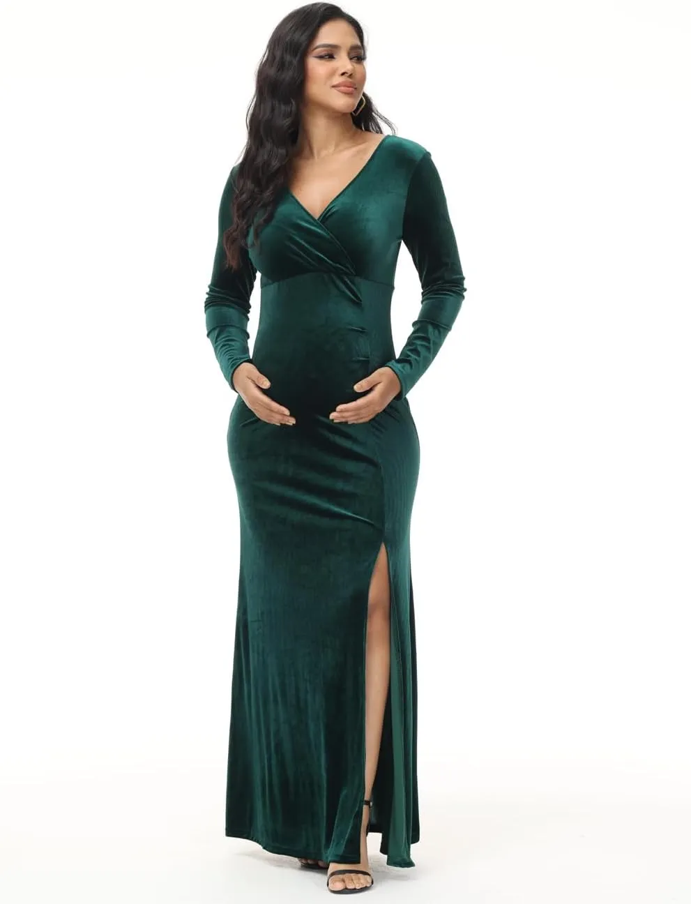 JustVH Velvet Maternity Off Shoulder Half Circle Fitted Gown Maxi Photography Dress for Baby Shower Photo Props Dress