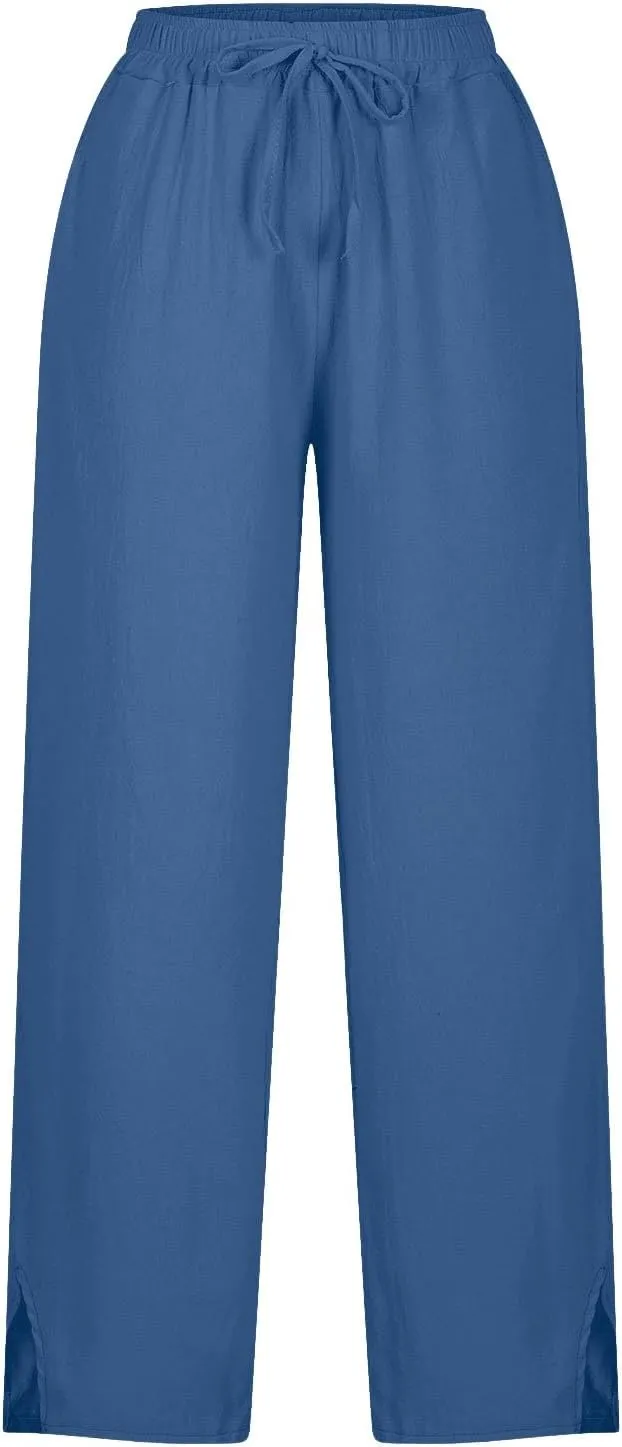 Linen Pants Women Petite 2025 Trendy Slit Wide Leg Beach Pants Summer Casual Loose Fit Lightweight Gauze Trousers