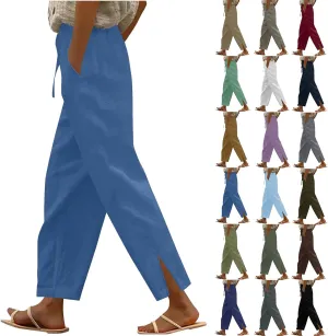 Linen Pants Women Petite 2025 Trendy Slit Wide Leg Beach Pants Summer Casual Loose Fit Lightweight Gauze Trousers