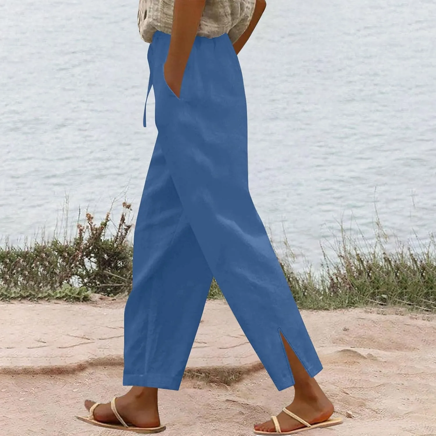 Linen Pants Women Petite 2025 Trendy Slit Wide Leg Beach Pants Summer Casual Loose Fit Lightweight Gauze Trousers