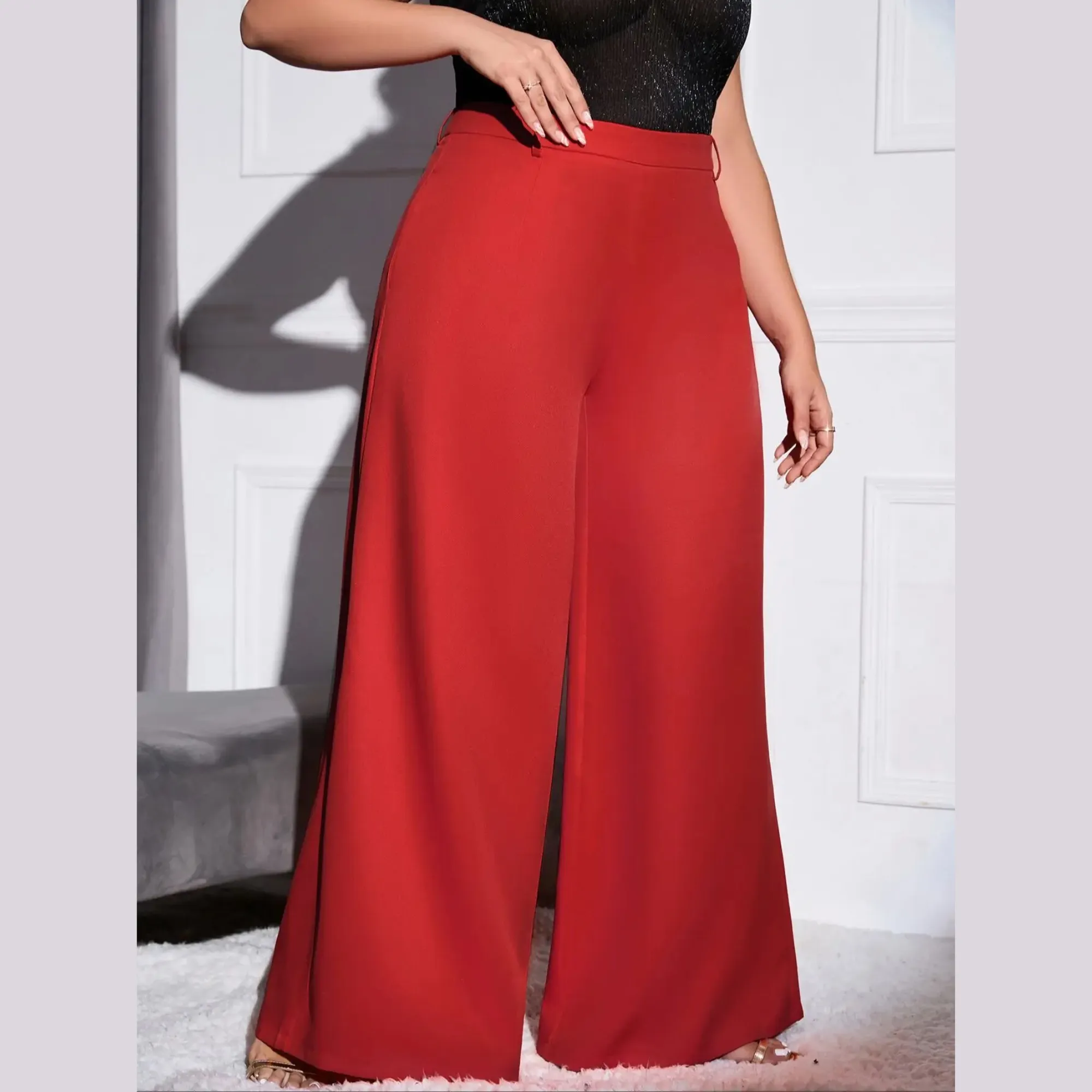 Lola - Red Plus Size High Waist Wide Leg Pants