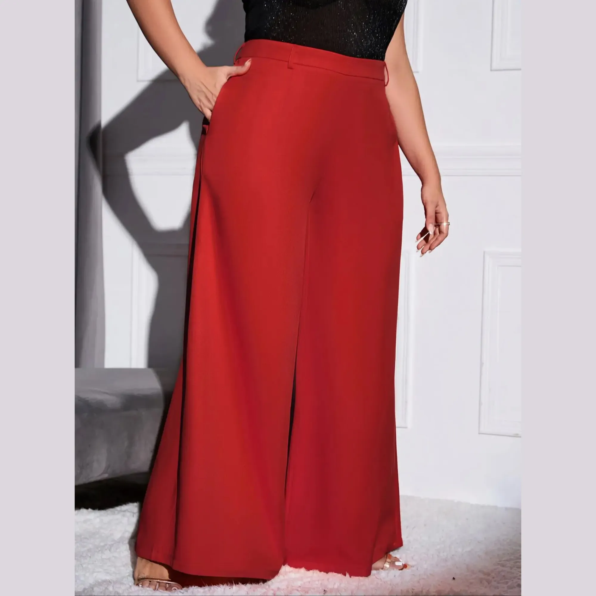 Lola - Red Plus Size High Waist Wide Leg Pants