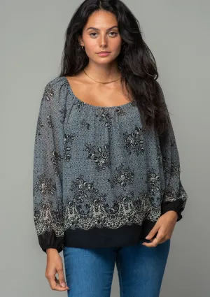 Mixed Geo Floral Long Sleeve Scoop Neck Blouse