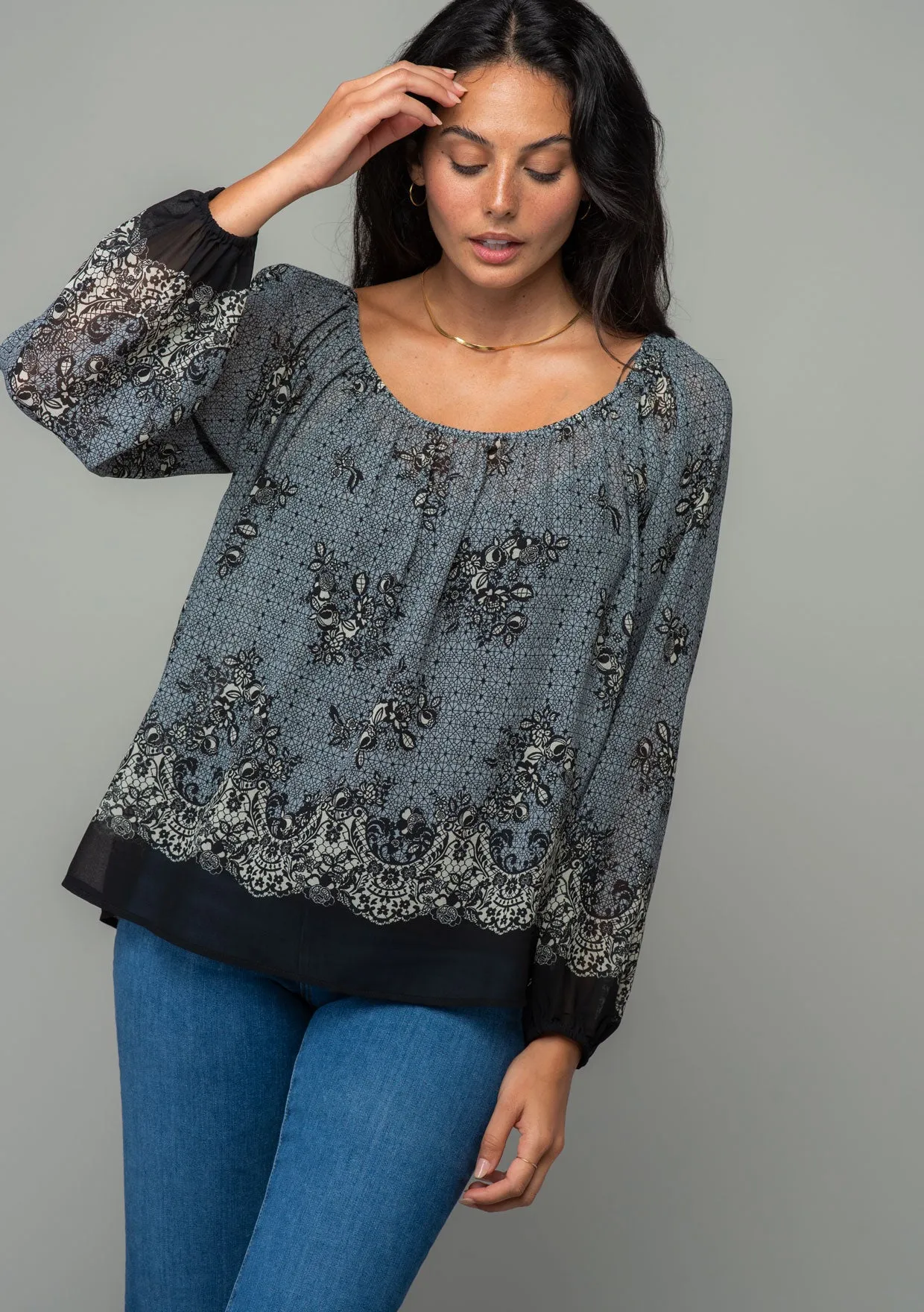 Mixed Geo Floral Long Sleeve Scoop Neck Blouse