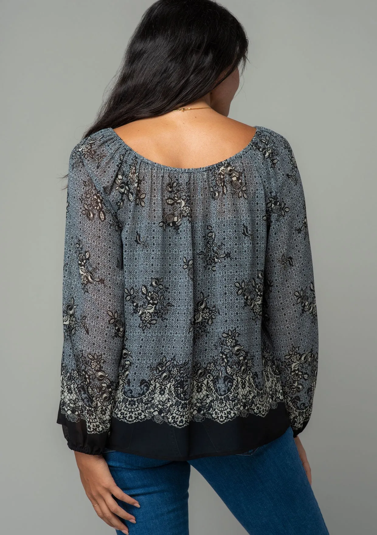 Mixed Geo Floral Long Sleeve Scoop Neck Blouse