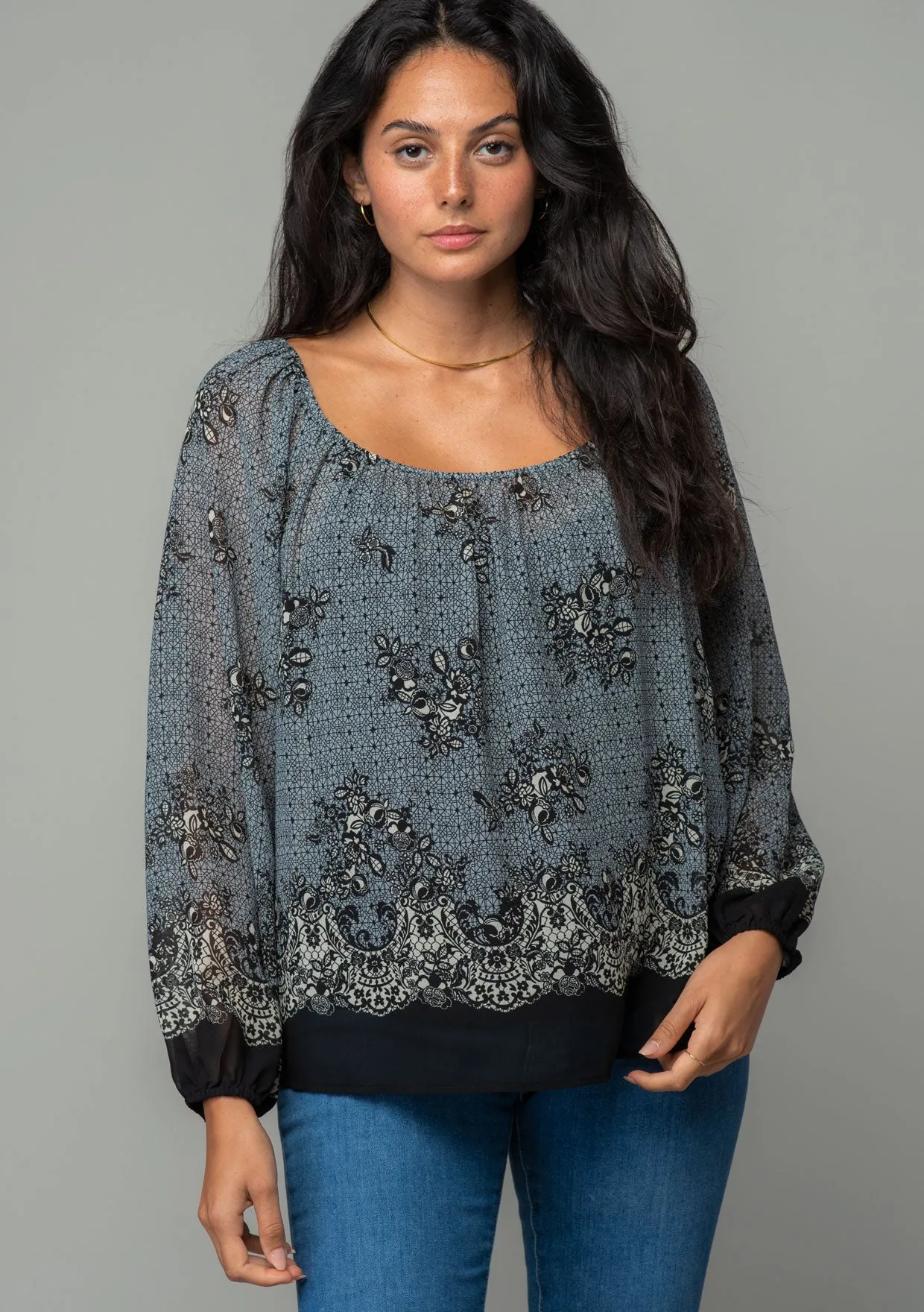 Mixed Geo Floral Long Sleeve Scoop Neck Blouse